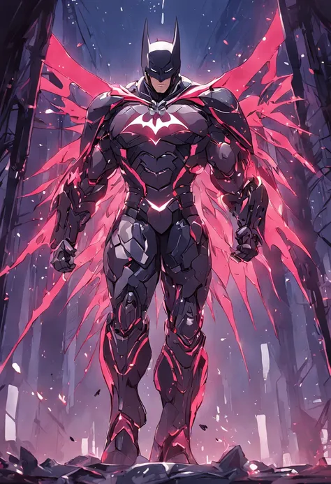 a Batman in cybernetic armor, ultra detalhado, cor vermelho . ::n_ desenho, Imperfection, baixa qualidade, boneco, jogo, anime, assinatura