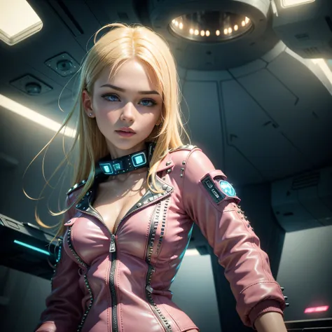 Simpatic German woman (pink Leather Jacket With Rivets:1.3), cyan bra, yellow hair, zippers, (open zipper:1.1), (erotic:1.2), (sexy:1.3), (spaceship:1.5), small command room, (glowing neon lights:1.3), floating water and drops all over the place, best qual...