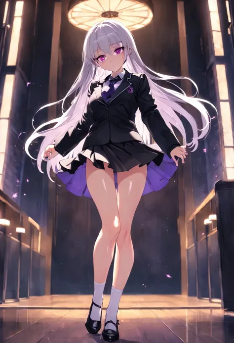 Realistic, 1girll, ((full bodyesbian)), Sexy,Pretty face, White hair, Purple eyes,Sexy legs,(school uniform), Black high heels,Black school uniform, (Black skirt), parted lip, Blush, Night, Possessed, 耳Nipple Ring,