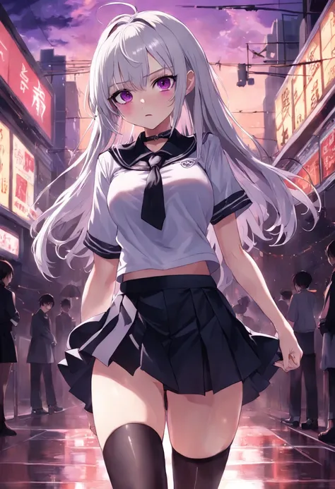 Realistic, 1girll, ((full bodyesbian)), Sexy,Pretty face, White hair, Purple eyes,Sexy legs,(school uniform), Black high heels,Black school uniform, (Black skirt), parted lip, Blush, Night, Possessed, 耳Nipple Ring,