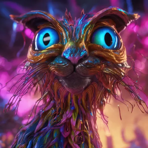 Close shot of mythical cat with colorful feathers, galaxy eyes, shiny plumage, Detailed plumage, Detailed Big Eyes, A cat is landing on a branch of an alien tree , Watch the viewer with judgment, Focus, Alien landscape background .BREAK,Detailed,Realistic,...