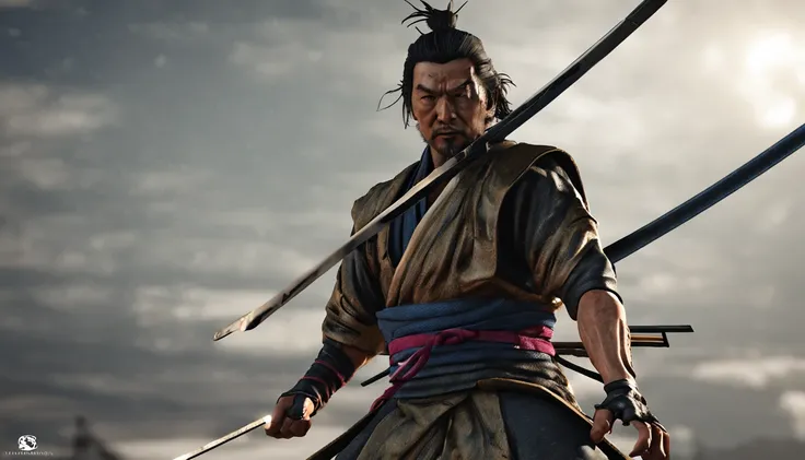 Create an ultra-realistic image of a bronze statue of Miyamoto Musashi in a combat pose.