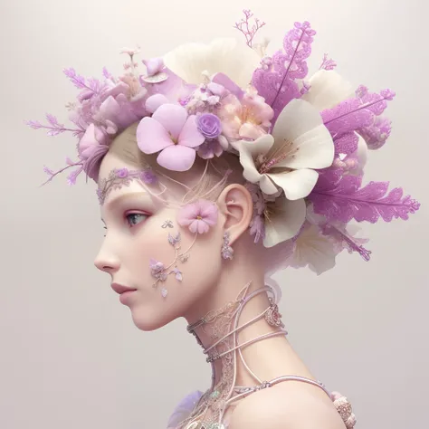 Purple and pink 3 d render, hyper detailed, fascinating biomechanical female cyborg with a porcelain translucent profile face, analog, big autumn leaves foliage and stems, made of white pore fungi, morning glory flowers, hibiscus flowers, boho floral vines...