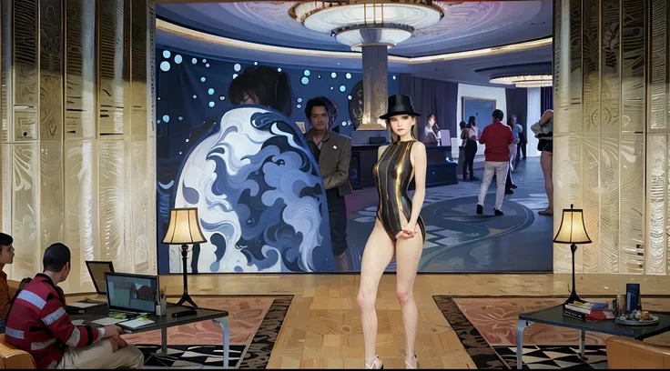 painting of a woman in a room with a painting of a man and a woman, in style of digital painting, digital art but photo, digital art of an elegant, in style of digital art, stylized digital illustration, rendering of beauty pageant, digital art but as phot...