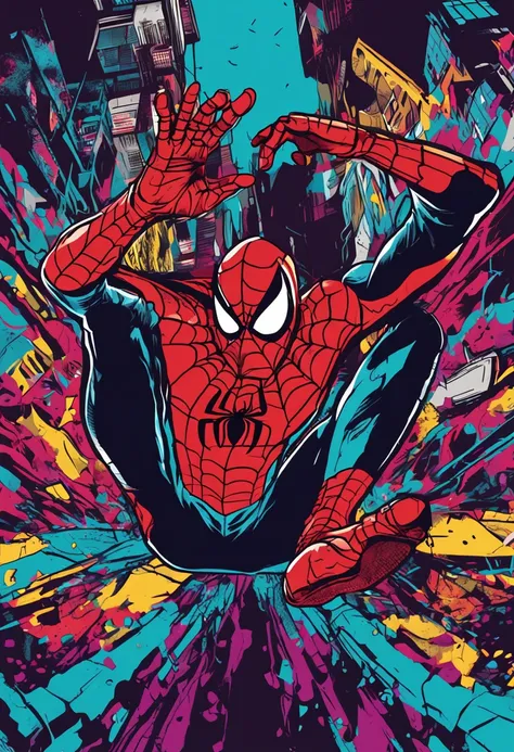 centered, isometric, vector t-shirt art ready to print highly detailed colourful graffiti illustration of Spiderman, wearing headphones, face is covered by highly detailed damaged spiderman mask, vibrant color, high detail