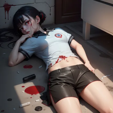 Crime Scene Investigation,Homicide scene，Causing death，Crime Scene Investigation,Female student wearing a blue short-sleeved Chinese school uniform top，Curled up in a corner，Painful expression,Eyes，Fear and fear， Black shorts,Black pupils。 White sneakers，T...