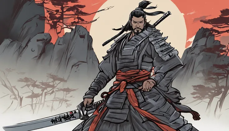 Draw a marble statue of Musashi holding his legendary sword, o Niten-Ichi-Ryu.