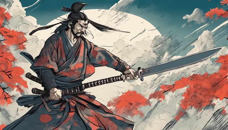 Draw a marble statue of Musashi holding his legendary sword, o Niten-Ichi-Ryu.