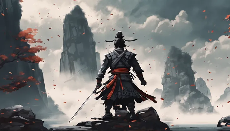 Draw a marble statue of Musashi holding his legendary sword, o Niten-Ichi-Ryu.