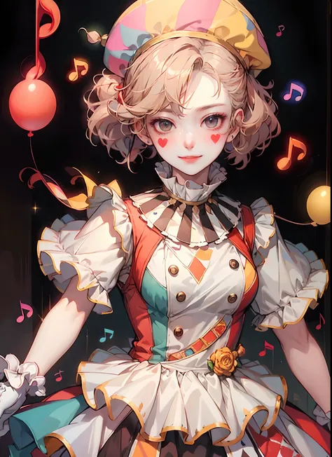 HDR,UHD,8K, best quality, masterpiece, Highly detailed, golden hour lighting, physically-based rendering, 1girl, solo,
a clown. colorful, clown hat and flowers, clown costume, gloves, heart drawing on face, dark blonde hair,(happy), smile,cute,music, ((mus...