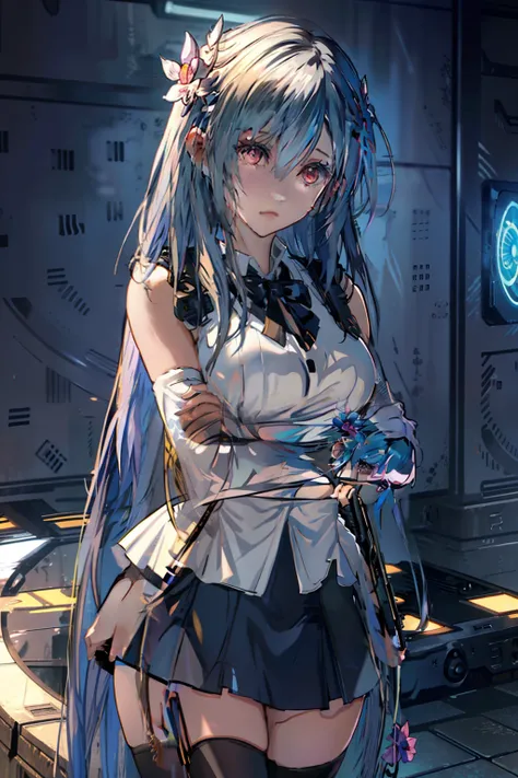 holding gun, teens girl, exteriors, Dress simply, short  skirt, White hair, Asymmetrical hair, bangs, hair over shoulders, hair flower, Raised eyebrows, Light eyes, long eyelasher,, Shy, Anime style, , Chiaroscuro, projected inset, High details, high qulit...