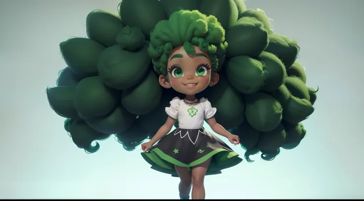 happy little girl with afro green hair,black skin, afro green clothes, green eyes,White , full body,  white background ,style of a Disney Pixar cartoon