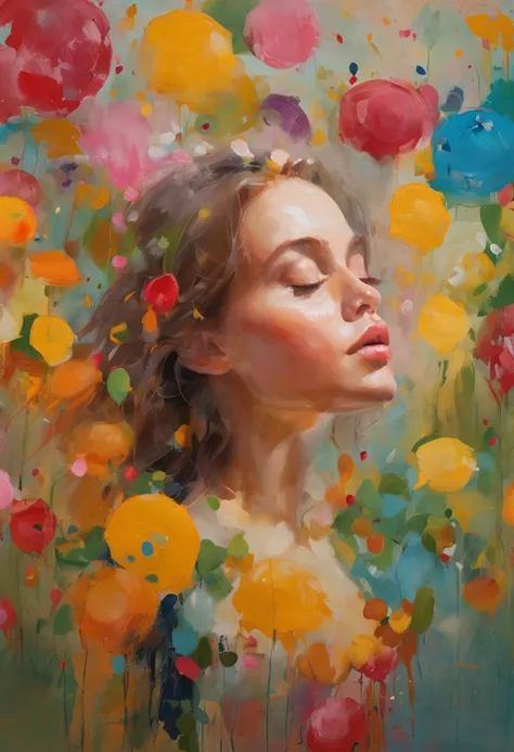 A girl holding flowers, colorful balloons floating in the sky, meadow, dancing, holding flowers, happy, happy, perfect quality, clear focus (clutter-home: 0.8), (masterpiece: 1.2) (Realistic: 1.2) (Bokeh) (Best quality) (Detailed skin: 1.3) (Intricate deta...