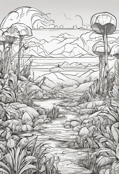 melhor qualidade, uma impressionante arte linear de um garoto de 5 anos com cabelos curtos e olhos pequenos, olhando para o horizonte em uma paisagem de dinossauros no fundo, intrinsecamente detalhado, coloring book for kids, preto e branco, mel