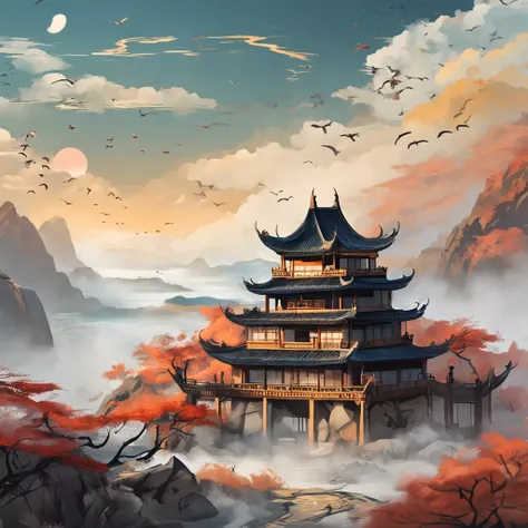 An ancient Chinese painting, ancient Chinese background, mountains, rivers, auspicious clouds, pavilions, sunshine, masterpieces, super detail, epic composition, ultra HD, high quality, extremely detailed, official art, unified 8k wallpaper, Super detail, ...