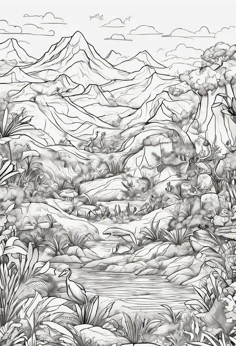 melhor qualidade, uma impressionante arte linear de um garoto de 5 anos com cabelos curtos e olhos pequenos, olhando para o horizonte em uma paisagem de dinossauros no fundo, intrinsecamente detalhado, coloring book for kids, preto e branco, (melhor sombra...