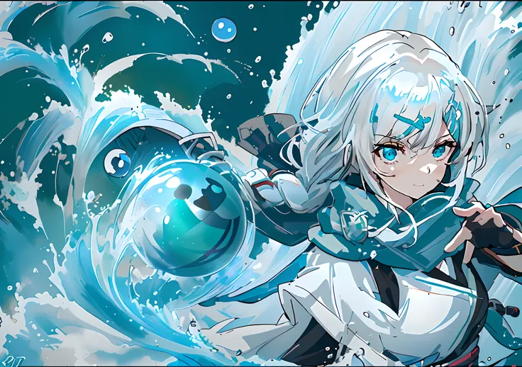 White-haired anime girl,(((Water balloon in one hand))) , a sorceress casting a ice ball, Splash art anime Loli, Anime girl walking on water, with ice powers, Epic anime style, High quality anime art style, ice spell, anime style character, made with anime...