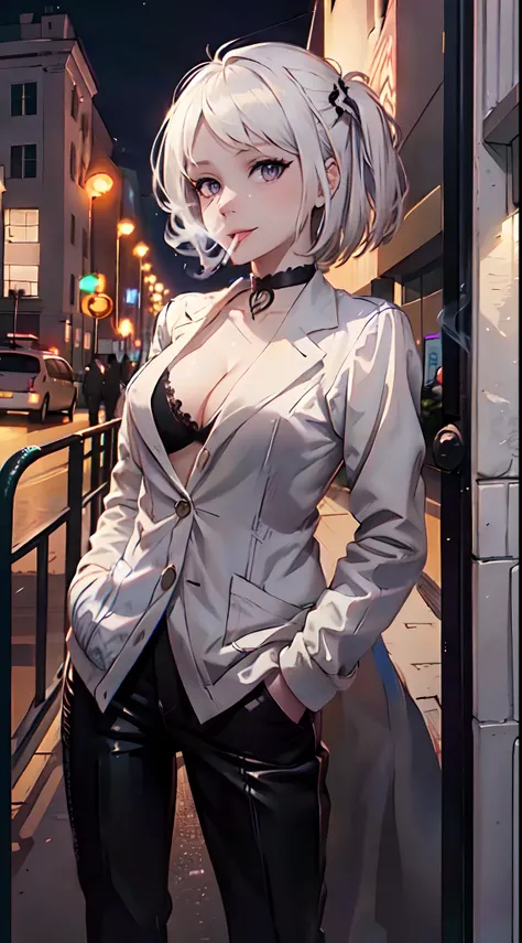 (masterpiece, best quality:1.2), cowboy shot, solo, 1girl, white hair, short wavy hair, purple eyes, average breasts, slender body, light smile, looking at viewer, hand in pockets, formal, suit, cleavage, black pants, choker, cityscape scenery, street, nig...