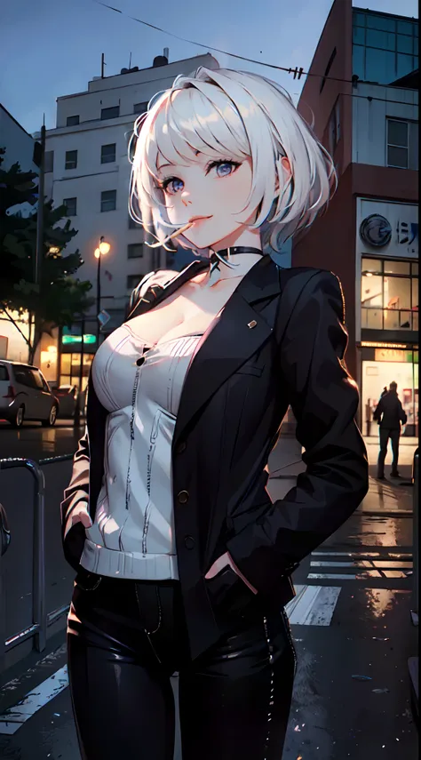 (masterpiece, best quality:1.2), cowboy shot, solo, 1girl, white hair, short wavy hair, purple eyes, average breasts, slender bo...