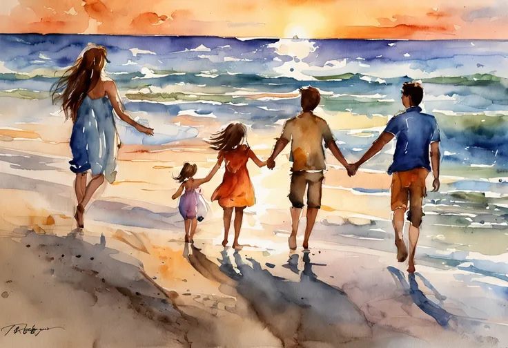 "A loving father enjoying a serene sunset on the beach with his two twenty yearold daughters and a five year-old son."