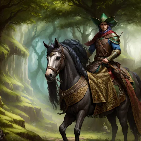 There is a man on a horse in a forest, arte de fantasia de alta qualidade, fantasy genre portrait, fantasy RPG book illustration, Retrato de um mago da floresta, arte de fantasia medieval, fantasy epic digital art, por Kerembeyit, epic fantasy character ar...