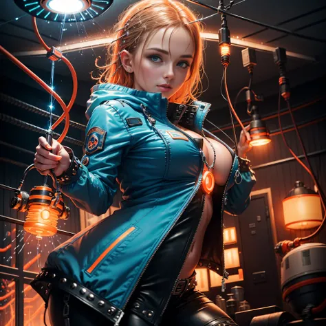 German woman (blue neon Jacket With Rivets:1.3), (brown sofa:1.3), orange hair, zippers, (open zipper:1.1), (erotic:1.2), (sexy:1.3), (spaceship:1.5), (small command room:1), (neon watter drops:1.5), (glowing neon lights:1.3), (dangling sprinkler wires han...