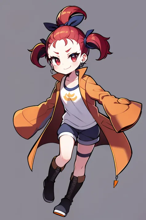 Red hair, tied hair, purplish red eyes, yellow and orange long-sleeved jacket, white shirt, navy blue shorts, boots, young girl, cute, high quality