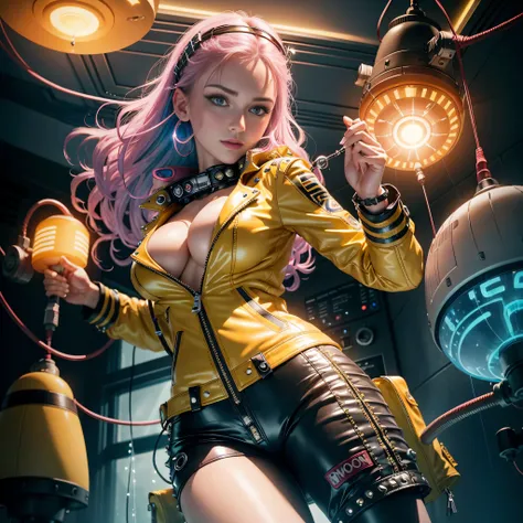 German woman (yellow Leather Jacket With Rivets:1.3), (cyan Leather sofa:1.3), pink hair, zippers, (open zipper:1.1), (erotic:1.2), (sexy:1.3), (spaceship:1.5), small command room, (glowing neon lights:1.3), (dangling sprinkler wires hang from an opening i...