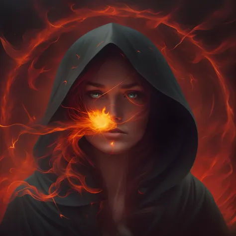 cinematic scene of a woman in a black cloak with a fire ball emitting electricity in the background, detailed pupils, round iris, medium shot, 8 0s style tomasz alen kopera, frustration, peter mohrbacher, summon, in high resolution, ultra-detailed, jules j...