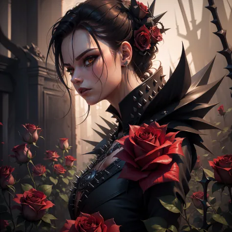 Create a superhero inspired by roses with spikes, very detailed, creepy looking character, dead roses in the background, high quality, high quality artwork, rich colours photography.