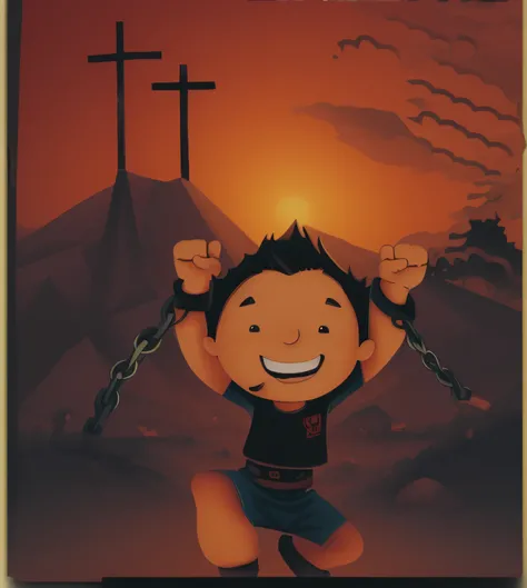 Cartoon of a boy with a chain around his neck and arms, the the man is wrapped in chains, crucifixion of conor mcgregor, Jesus Ninja, bible illustration, Directed by: Alexandre Fedosav, the front of a trading card, Directed by: Hristofor Zhefarovich, Aweso...