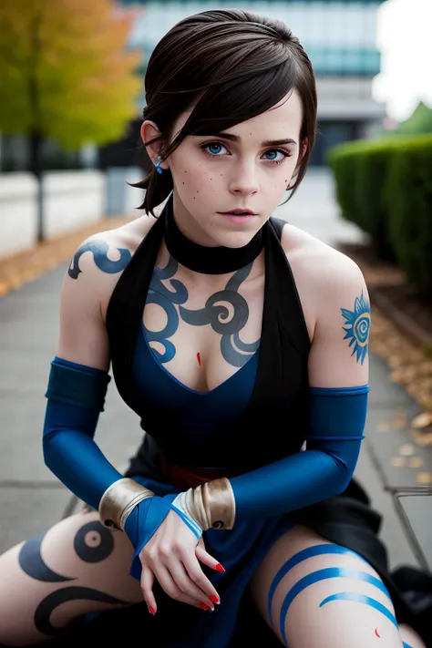 Emma Watson, cosplay on Korra, Masterpiece, Best Quality,1girl,Heterochromia, tatto, blue eyes,red eyes