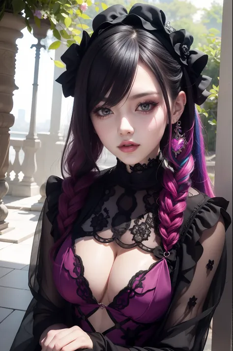 En un hermoso parque una mujer de aspecto moderno. It has a very colorful and striking kawaii gothic style.., con un maquillaje elegante y una peluca colorida.