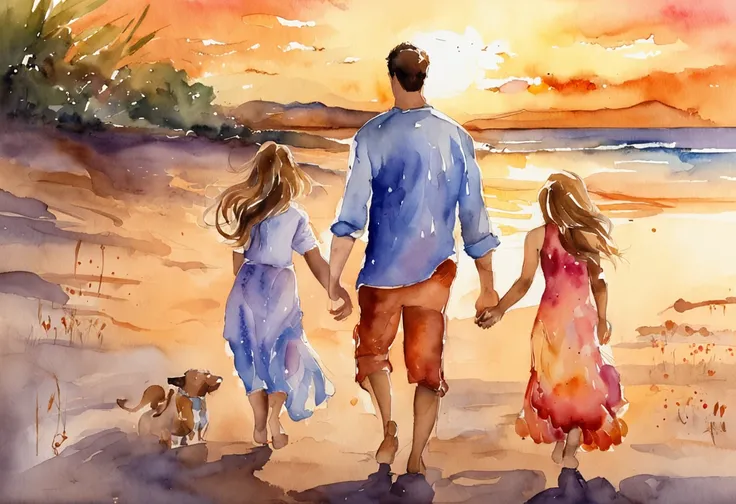 A father, radiating warmth and love, sits on a sandy beach with his two twenty-year-old daughters and their five-year-old son. The sun sets in a spectacular display of vibrant oranges, pinks, and purples, casting a golden glow over the family.