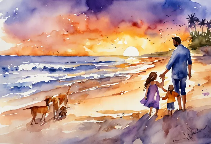 A father, radiating warmth and love, sits on a sandy beach with his two twenty-year-old daughters and their five-year-old son. The sun sets in a spectacular display of vibrant oranges, pinks, and purples, casting a golden glow over the family.