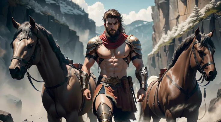 There are three men in armor riding horses in a rocky area, estilo fantasia 8 k octane render, Wojtek FUS, Epic Fantasy Digital Art Style, Hefesto, muscular male hero, atraente macho de carne com armadura, Arte de fantasia 4k, 3 d render arte do caractere ...