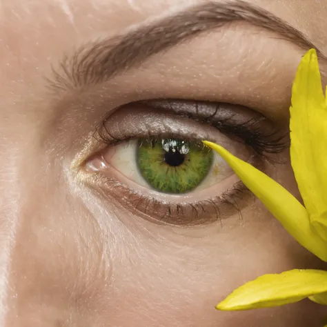 There is a closeup of a persons eye with green and yellow decorations, um olho humano, olhos humanos, Fantastic detailed eyes, foco intrincado nos detalhes dos olhos, eye with roses and orchids inside, super detailed eyes, pele verde com escamas, arte ocul...