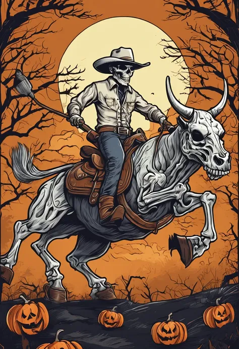 "Halloween t-shirt design: a cartoon-style digital painting of a skeleton wearing a cowboy hat and riding a bull, featuring intricate and detailed digital art."