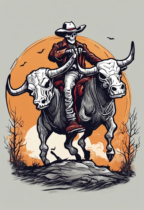 "Halloween t-shirt design: a cartoon-style digital painting of a skeleton wearing a cowboy hat and riding a bull, featuring intricate and detailed digital art."