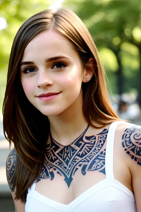 photo of little Emma Watson dynamic posture, slim physique, plump, teasing grin, (extremely detailed: 1.3), (textured skin: 1.3), large breasts, naked torso, (makeup: 1.3) petite, lipstick, (detailed eyes), high resolution, realistic lighting, freckles, ch...