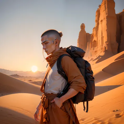 (ascetic monk+rucksack:1.2)，Hike alone in the desert，Quiet and silent，The setting sun shines fullly on the golden sand dunes，The robe flutters in the wind。