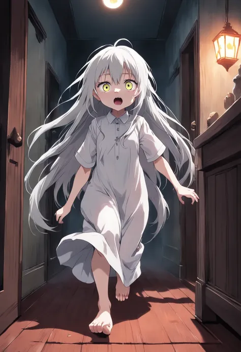 Anime, white hair, long hair, gray silver white eyes, barefoot, white shirt, plain Gown, in a Haunted house horror, loli, kid, child, petite body, horror cinematic, :<, scared, running with the goriest monster behind her