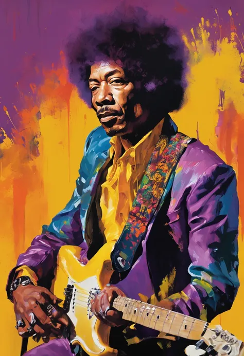 painting of a man with a purple hair and a yellow jacket, jimi hendrix, jimi hendrix style poster, jimi hendrix full body, art of alessandro pautasso, jimi hendrix full body shot, by Dave Arredondo, epic portrait illustration, masterpiece work of art, styl...