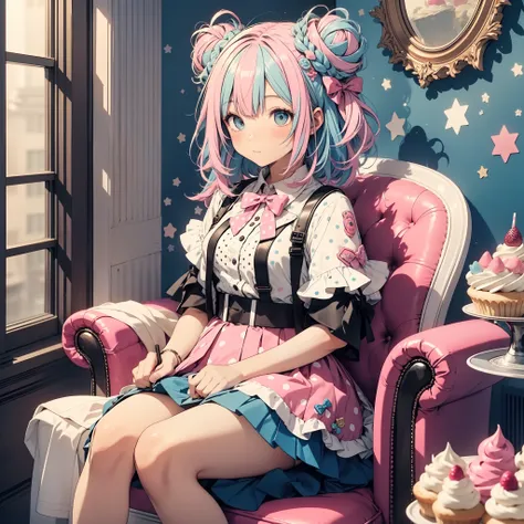 1girl, pastel muted colors, (color palette is yellow:1.2, blue:1.2, pink:1.2), (blonde with blue hair buns), ((short pleated skirt)), fashion skirt, (((sitting))) in a ((throne)) made out of sweets and pastries, for example donuts, sprinkles, candy, lollip...