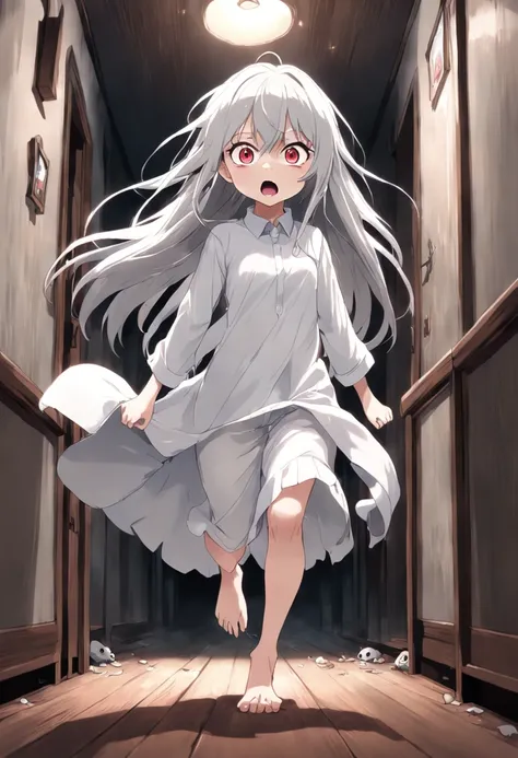 Anime, white hair, long hair, gray silver white eyes, barefoot, white shirt, plain Gown, in a Haunted house horror, loli, kid, child, petite body, horror cinematic, scared face, running with the goriest monster creatrure behind her