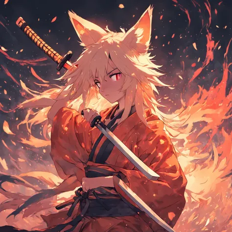 crie uma imagem de um kitsune humanoide ajoelhado, segurando uma katana e a levantando para cima