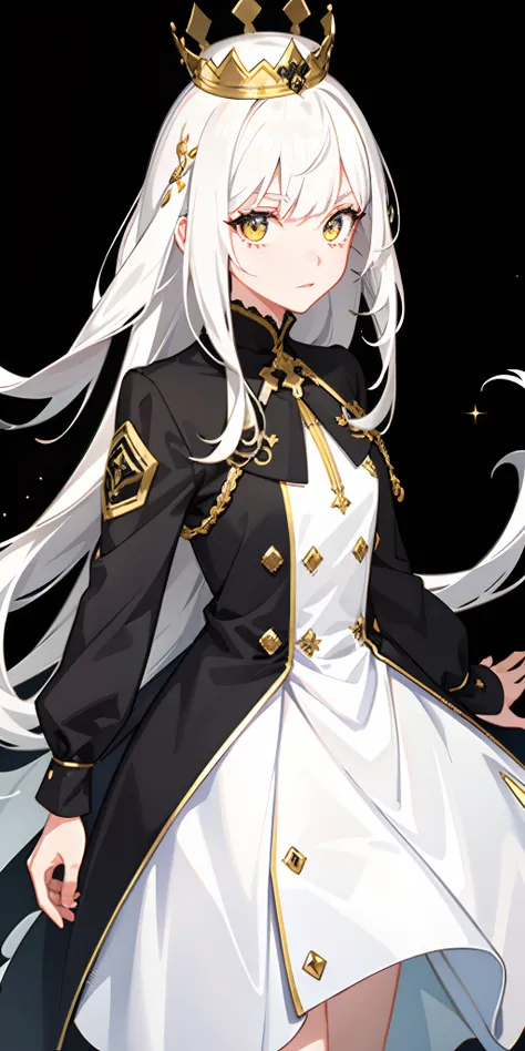 1girl,White hair,Heterochondria Black left eye Yellow right eye,Crown on head,Sideslit,light particules,the wallpaper