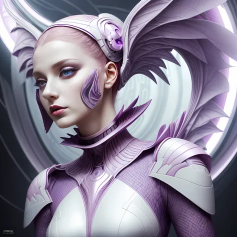 ((add_detail:1)), arafed woman with a pink dress and purple wings on her head, with intense red lipstick, pink porcelain cyborg, futuristic fashion, fractal ceramic armor, pale purple porcelain skin, Iris van Herpen Rankin, futuristic and ethereal, purple ...