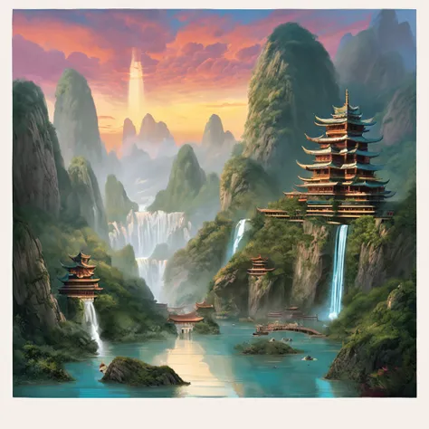 Painting of a pagoda in a mountain landscape with a waterfall, une matte painting de Fan Qi, Gagnant du concours CGSOCIETY, Art fantastique, Paysage chinois, digital painting of a pagoda, Chinese dream city, Fantaisie chinoise, Zen temple background, Papie...