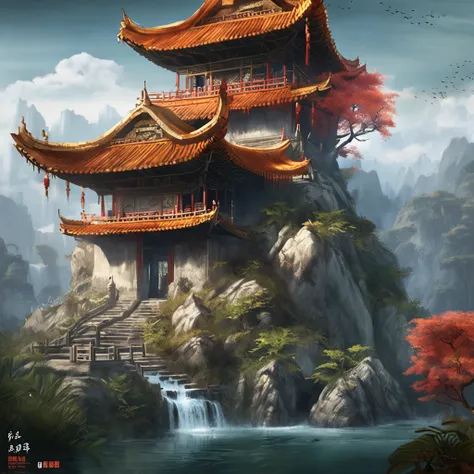 Painting of a pagoda in a mountain landscape with a waterfall, une matte painting de Fan Qi, Gagnant du concours CGSOCIETY, Art fantastique, Paysage chinois, digital painting of a pagoda, Chinese dream city, Fantaisie chinoise, Zen temple background, Papie...